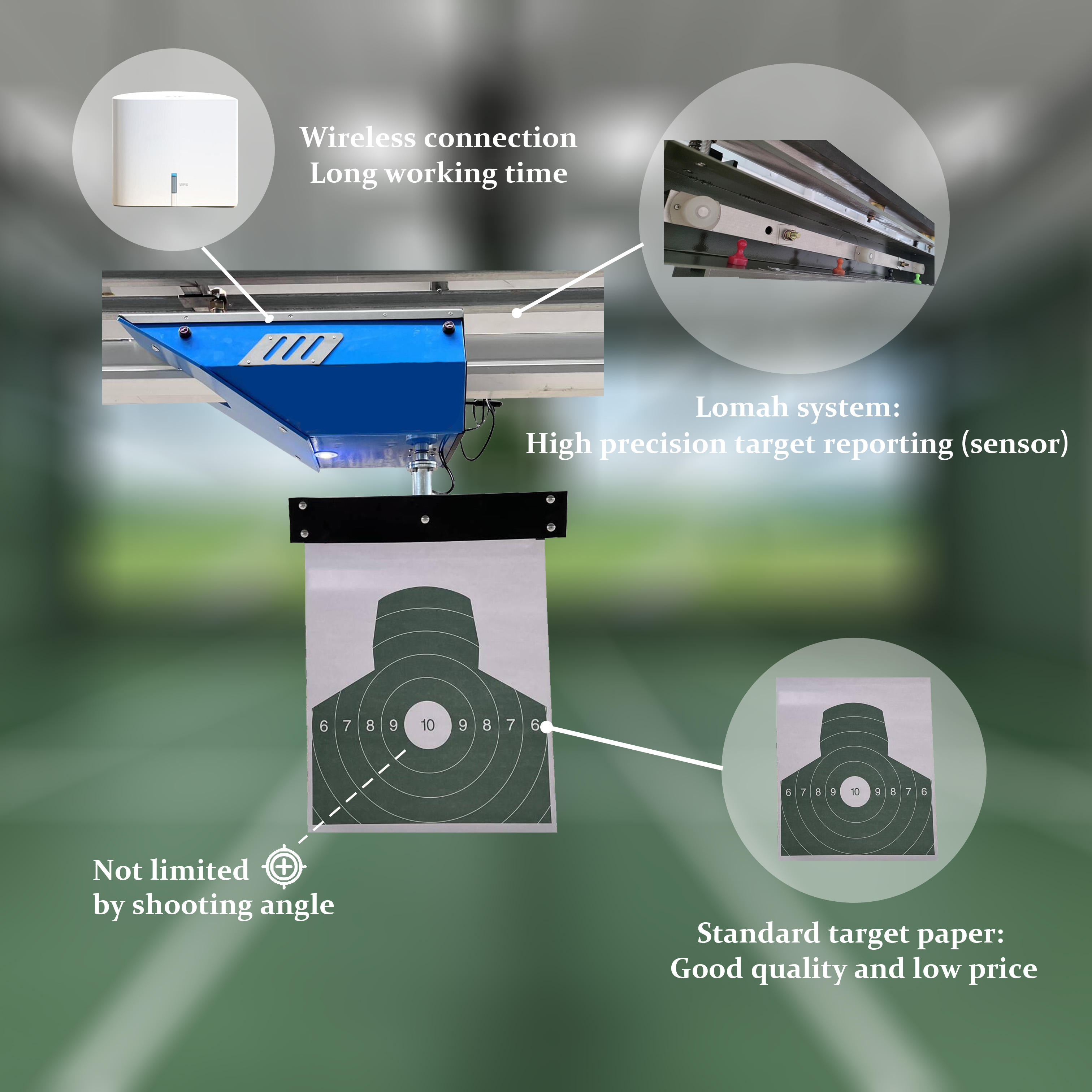 Overhead moving shooting target with LOMAH system